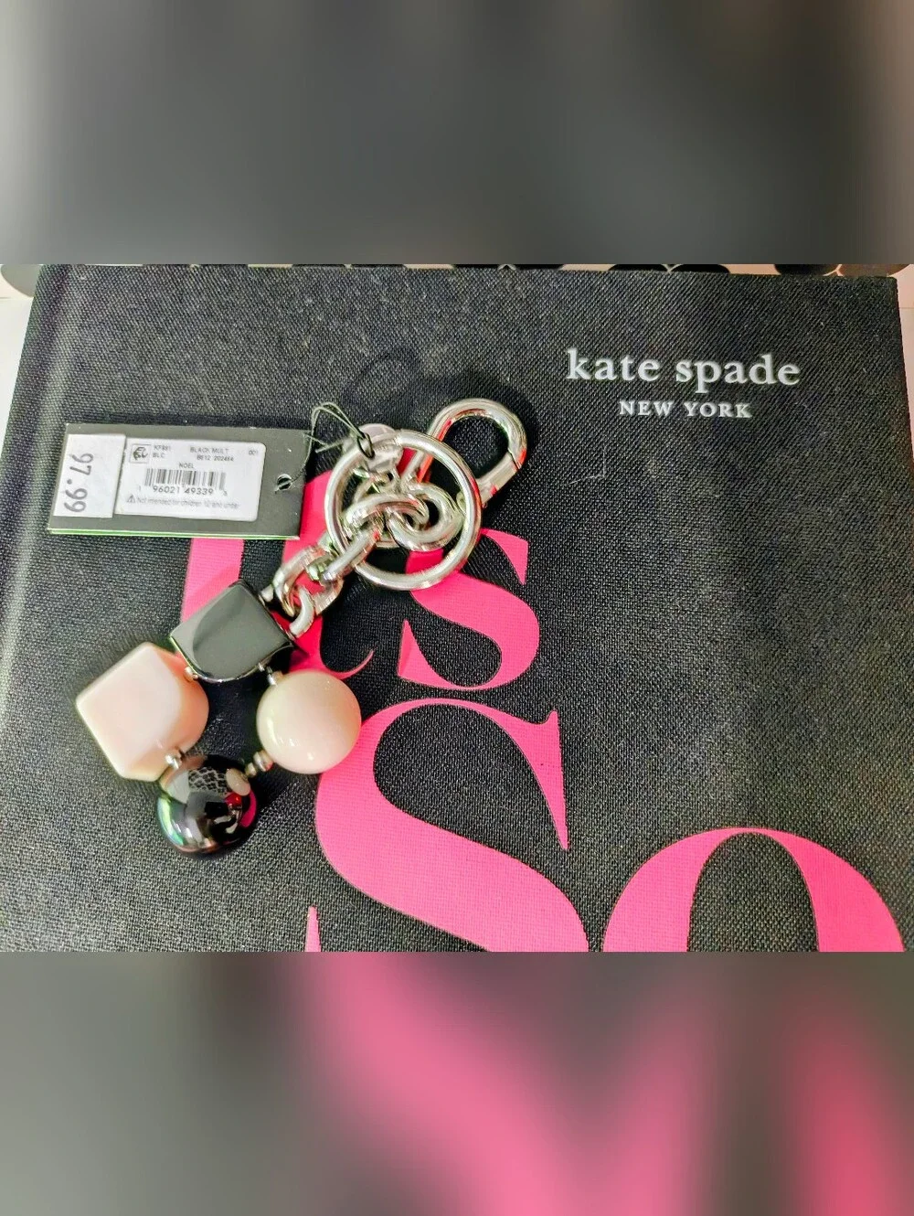 kate spade Noel Black and Cream Resin Bead Bag Charm / Key Fob